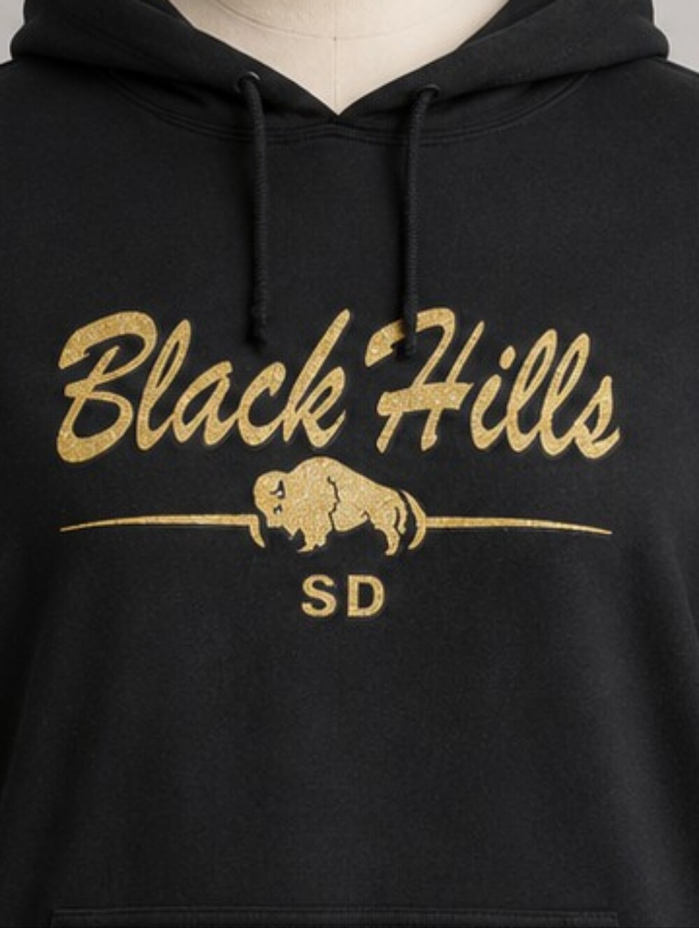 Black Hills SD Women's Black Hoodie with Gold Script